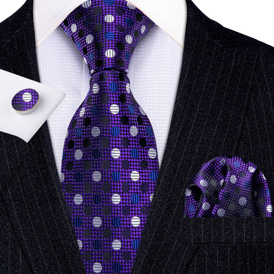 Barry. Wang White Polka Dot Purple Solid Silk Tie Hanky Cufflinks Set