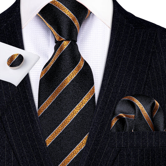 Black Tie Golden Striped Silk Necktie Hanky Cufflinks Set
