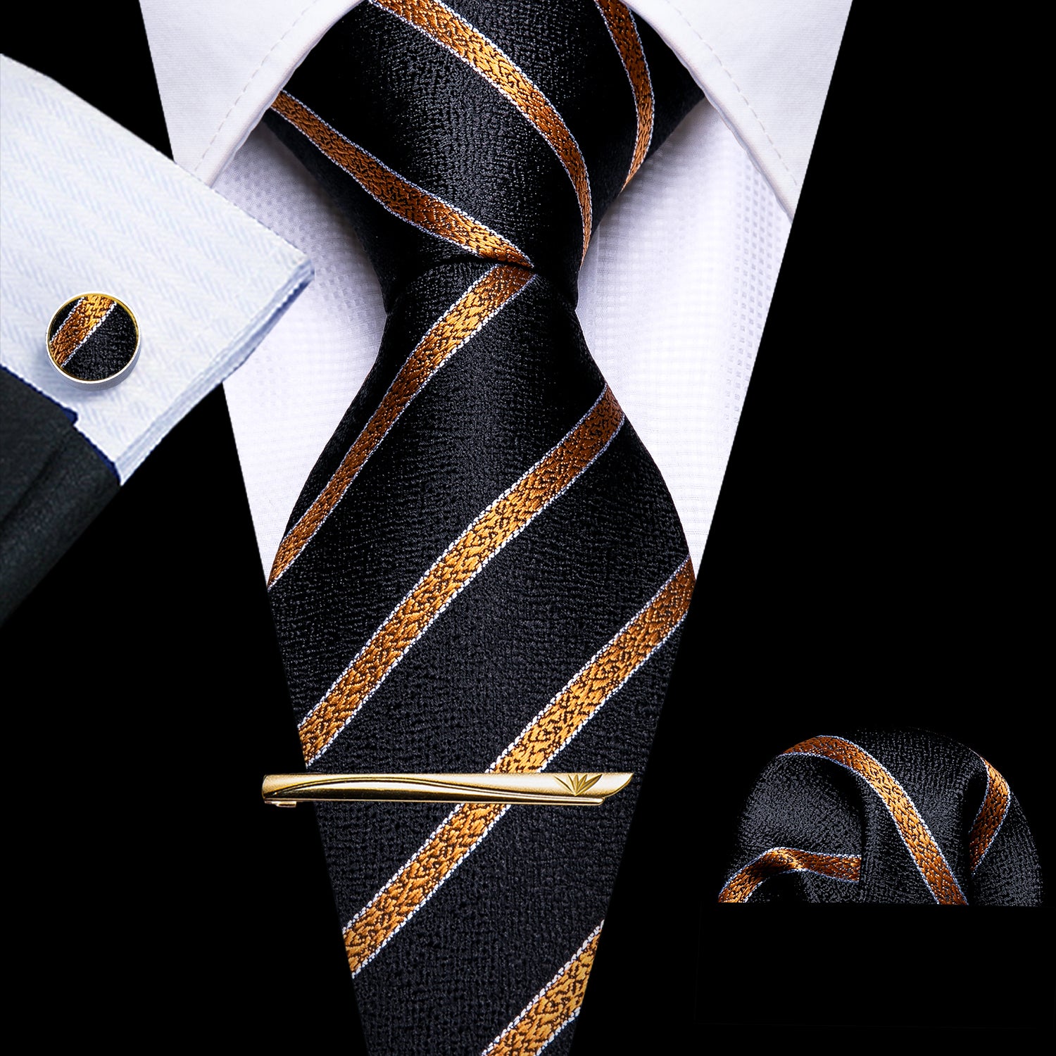 Barry. Wang 4pcs Black Golden Striped Tie Hanky Cufflinks Tie Clip Set Barry. Wang 4pcs Black Golden Striped Tie Hanky Cufflinks Tie Clip Set