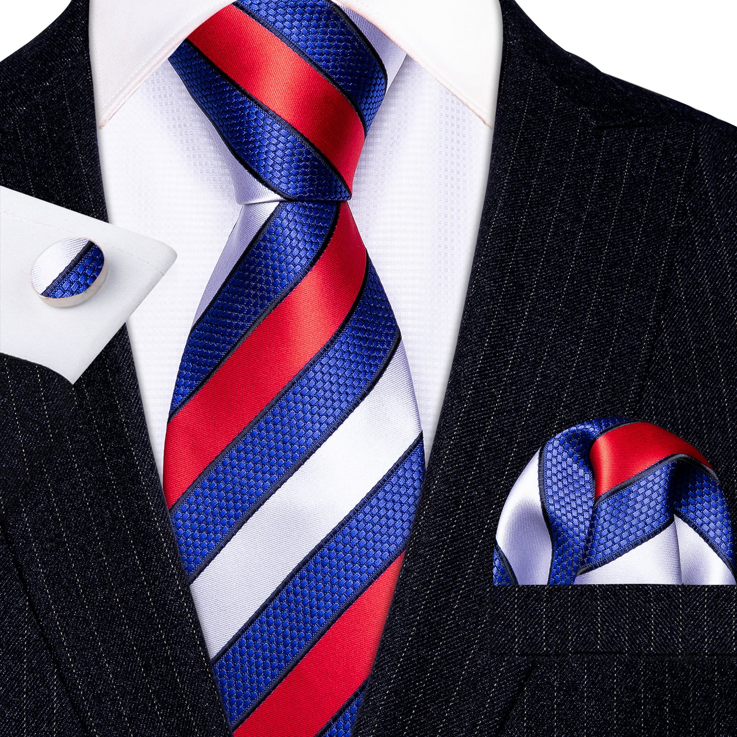 Barry.wang Men's Tie Red White Blue Striped Silk Tie Hanky Cufflinks Set