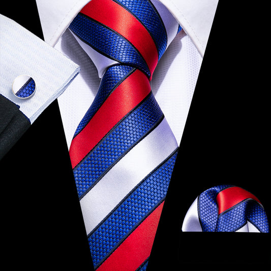 Men Tie Red White Blue Striped Silk Tie Hanky Cufflinks Set