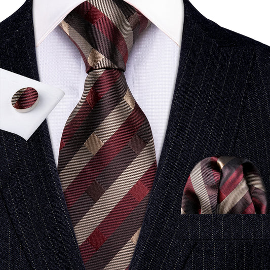 Brown Necktie Red Tan Striped Silk Tie Hanky Cufflinks Set