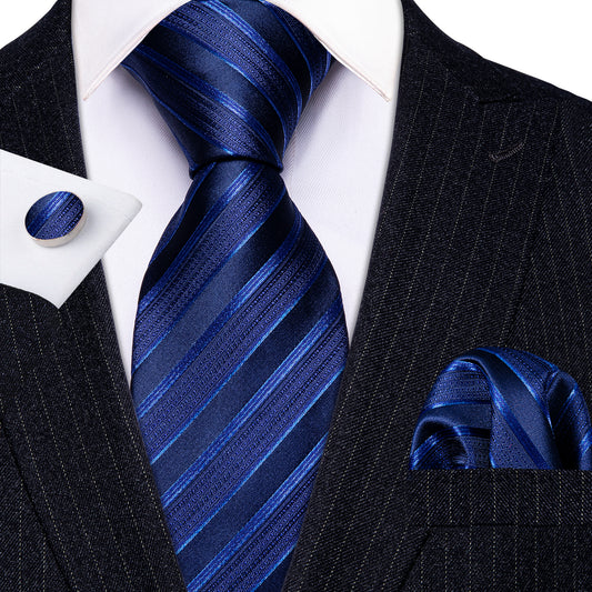 Necktie Deep Blue Striped Tie Pocket Square Cufflinks Set