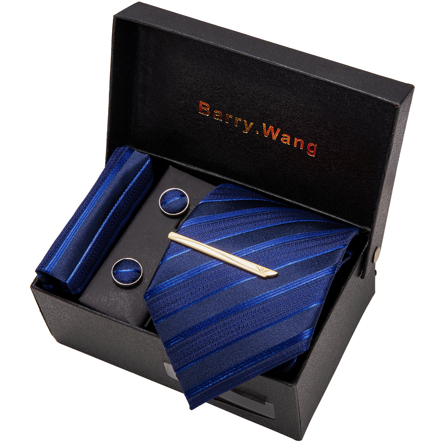 Deep Blue Stripe Necktie Pocket Square Cufflink Clip Gift Box Set