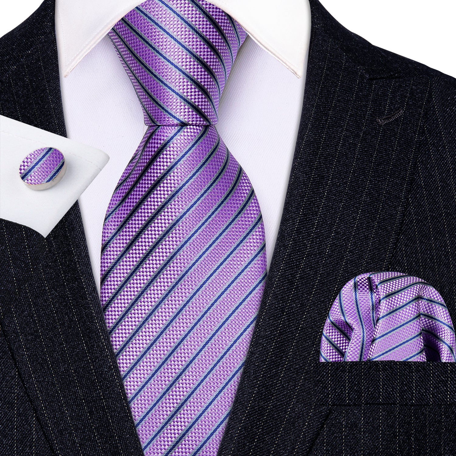 Lilac Purple tie Grey Blue Striped men's tie 