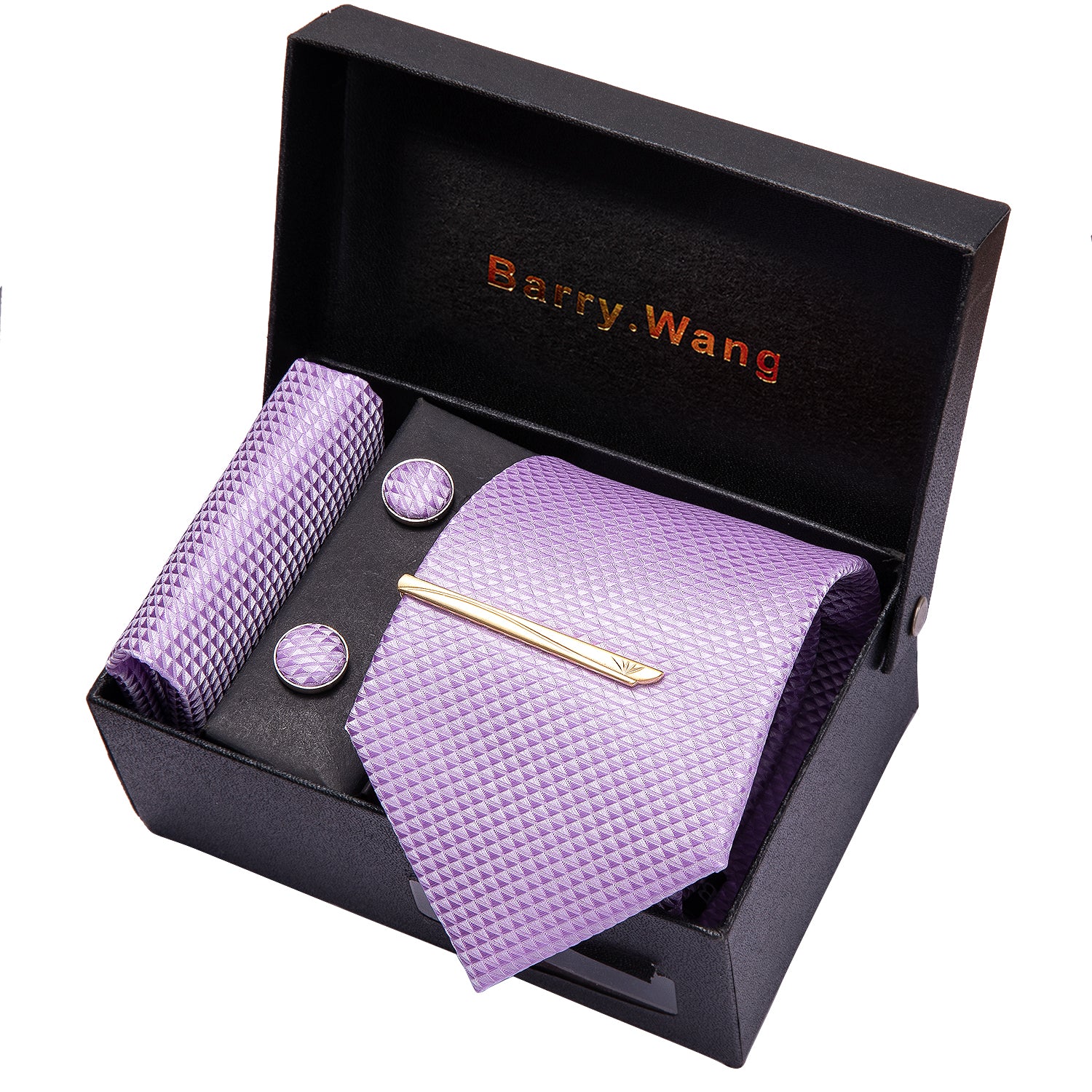 Barry. Wang Light Purple Geometric Necktie Pocket Square Cufflink Clip Gift Box Set