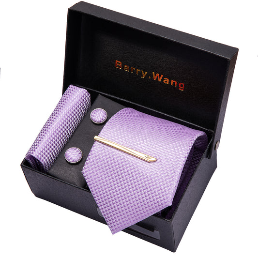 Barry. Wang Light Purple Geometric Necktie Pocket Square Cufflink Clip Gift Box Set