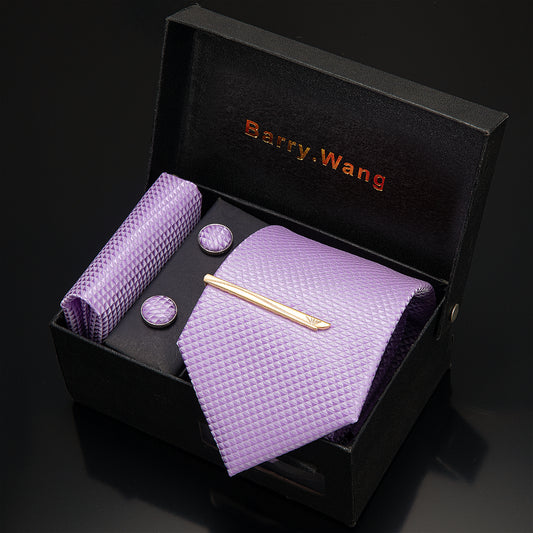 Barry. Wang Light Purple Geometric Necktie Pocket Square Cufflink Clip Gift Box Set