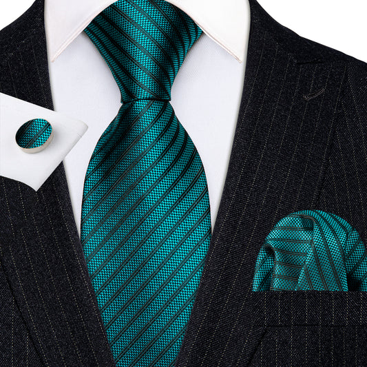 Barry Wang Teal Green Black Striped Ties Pocket Square Cufflinks Set