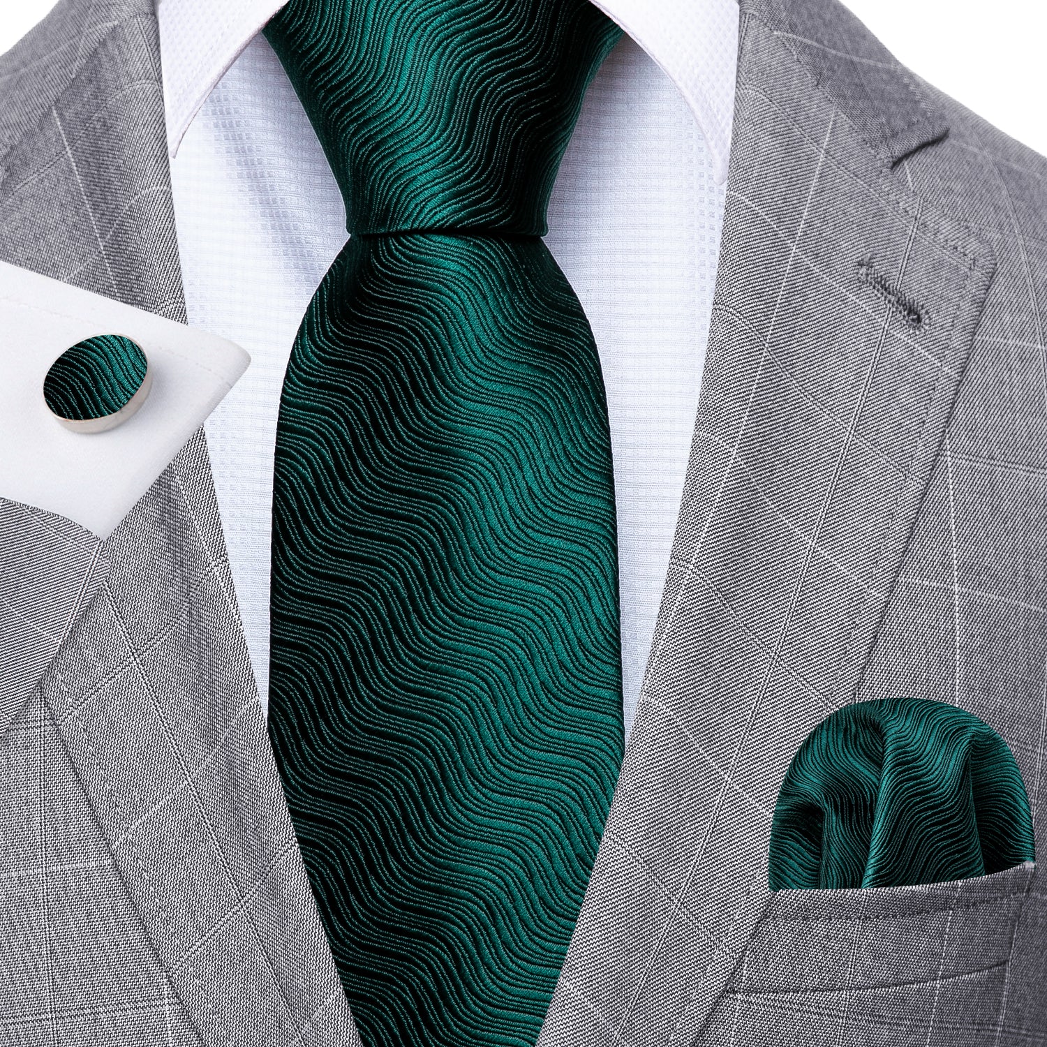 Dark Green Tie Novelty Green Geometric Hanky Cufflinks Set