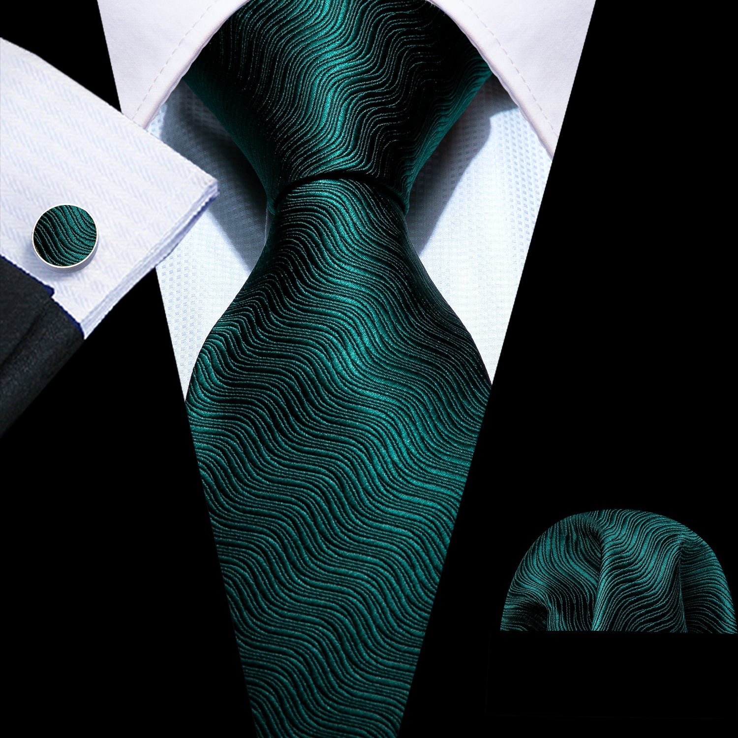 Barry Wang Green Tie Geometric Solid Silk Necktie Hanky Cufflinks Tie Clip Set