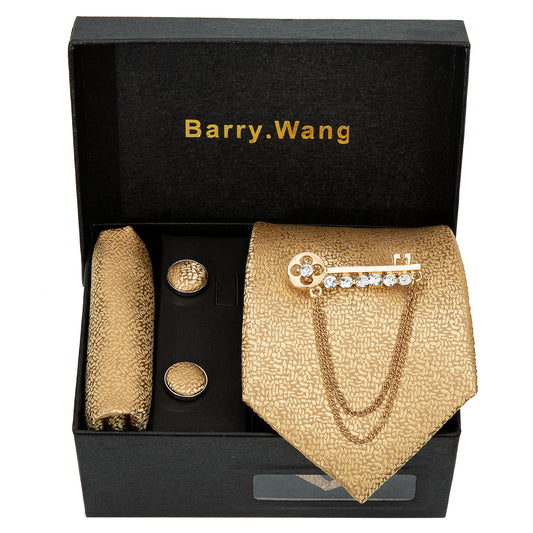 Barry. Wang Golden Solid Necktie Alloy Lapel Pin Brooch Pocket Square Cufflinks Gift Box Set