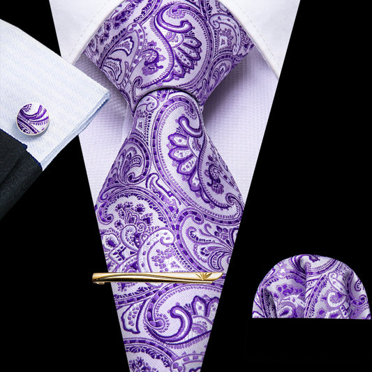 Light purple necktie with gold chain purple cufflinks tie length 59 inch