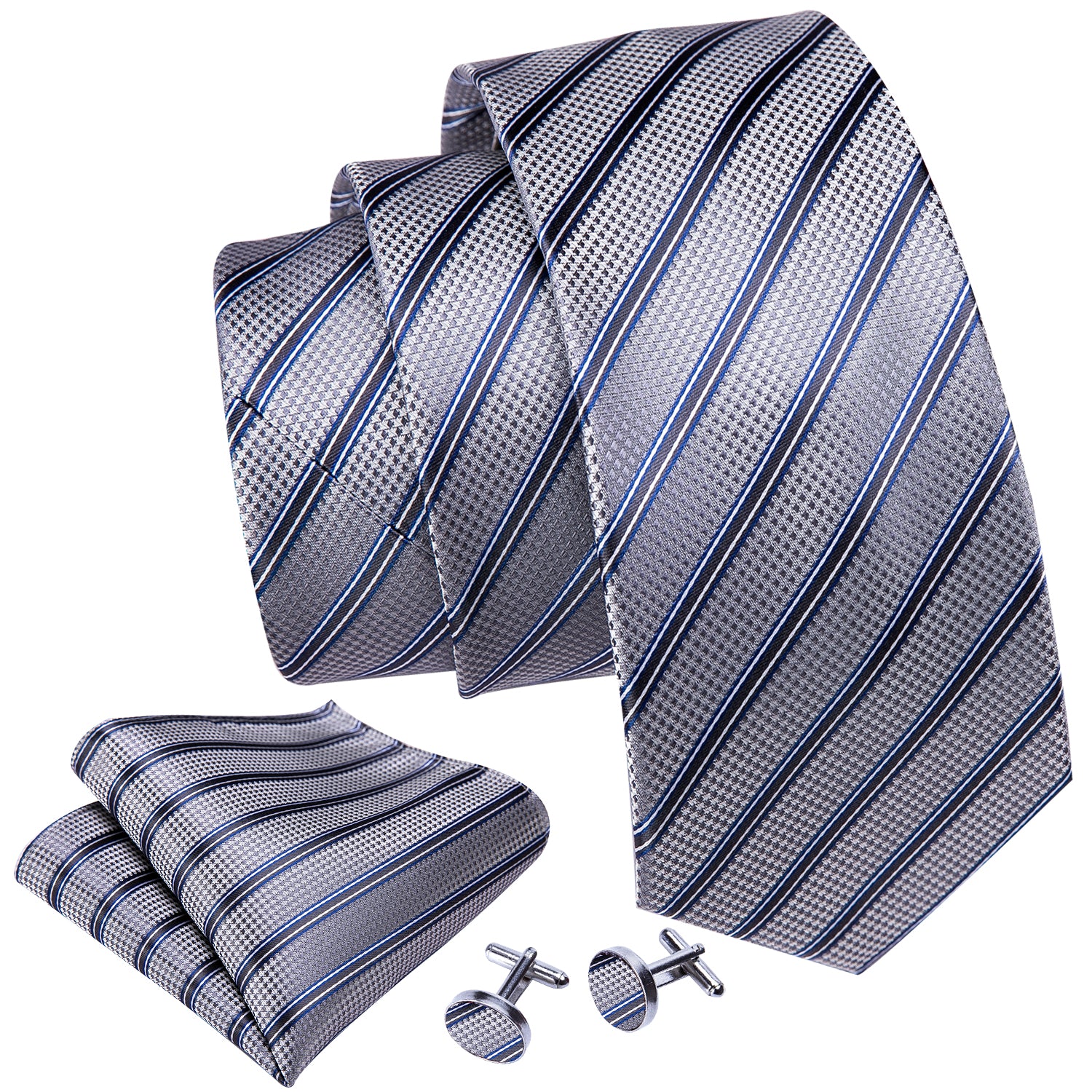 Grey Blue Striped Silk Tie Hanky Cufflinks Set