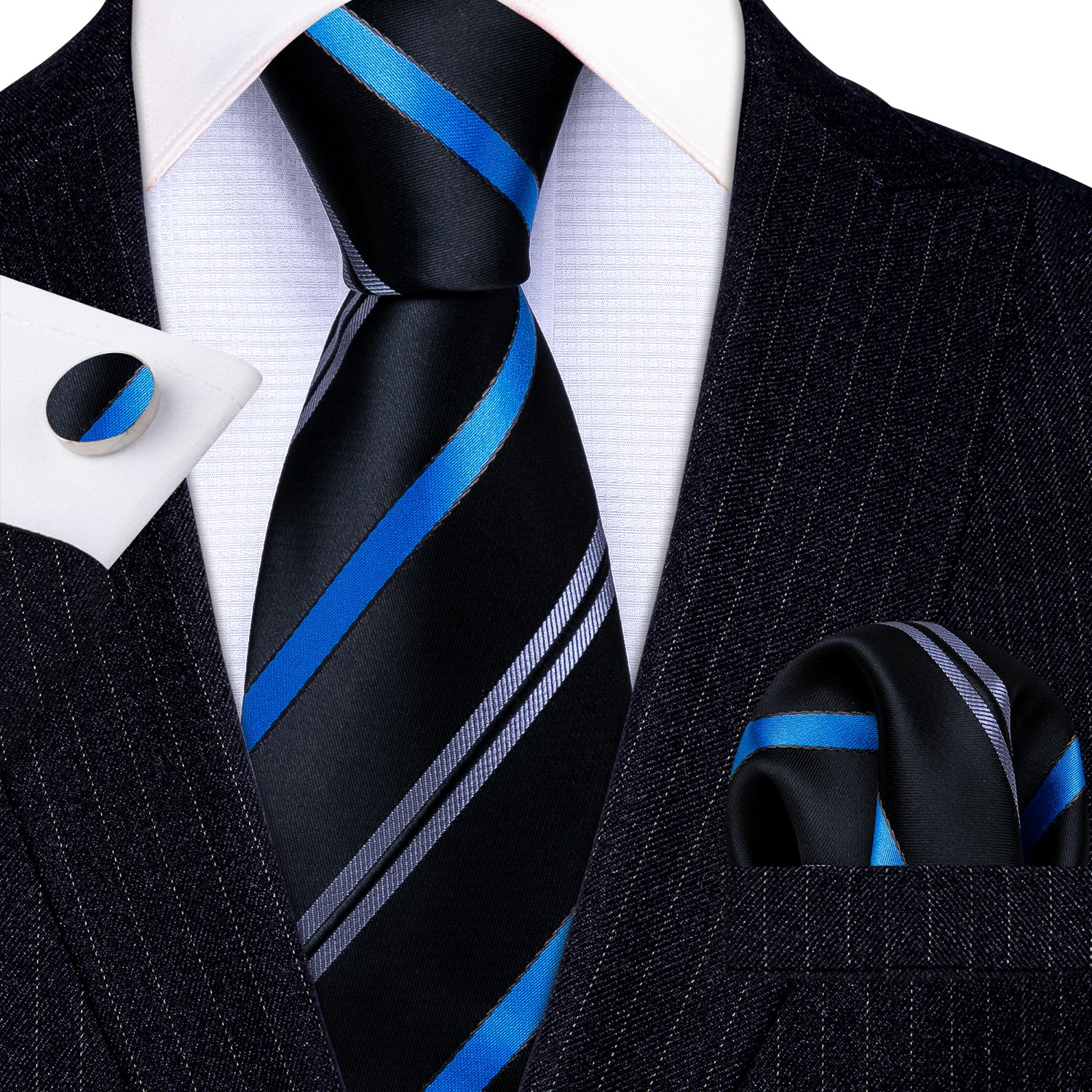 Barry Wang Black Tie Blue Striped Silk Necktie Hanky Cufflinks Set