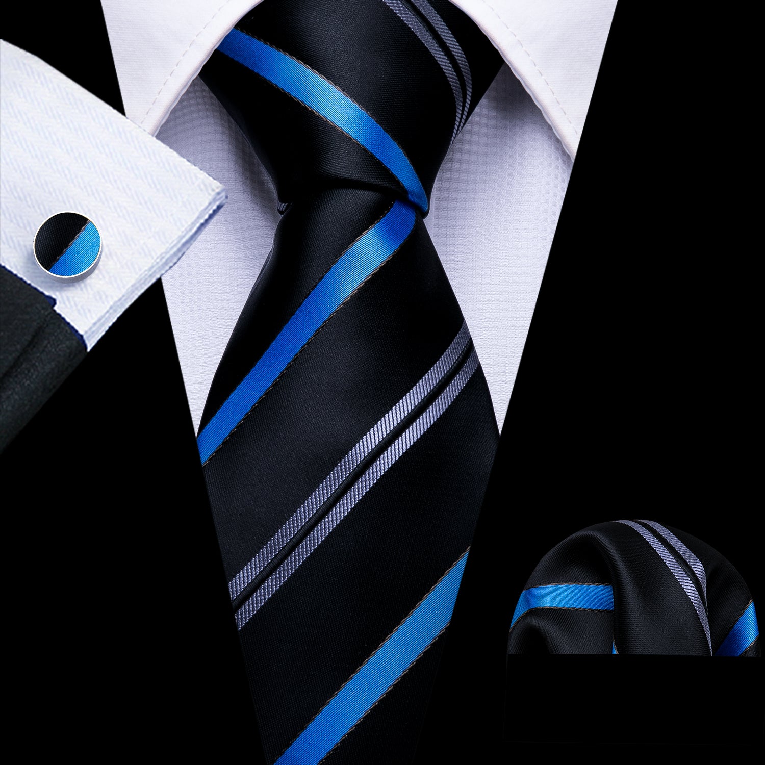 Barry Wang Black Tie Blue Striped Silk Necktie Hanky Cufflinks Set