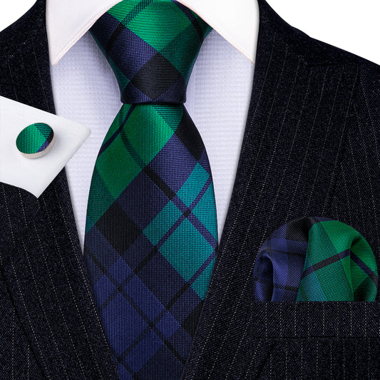 Barry. Wang Men's Tie Blue Green Plaid Striped Silk Tie Hanky Cufflinks Set