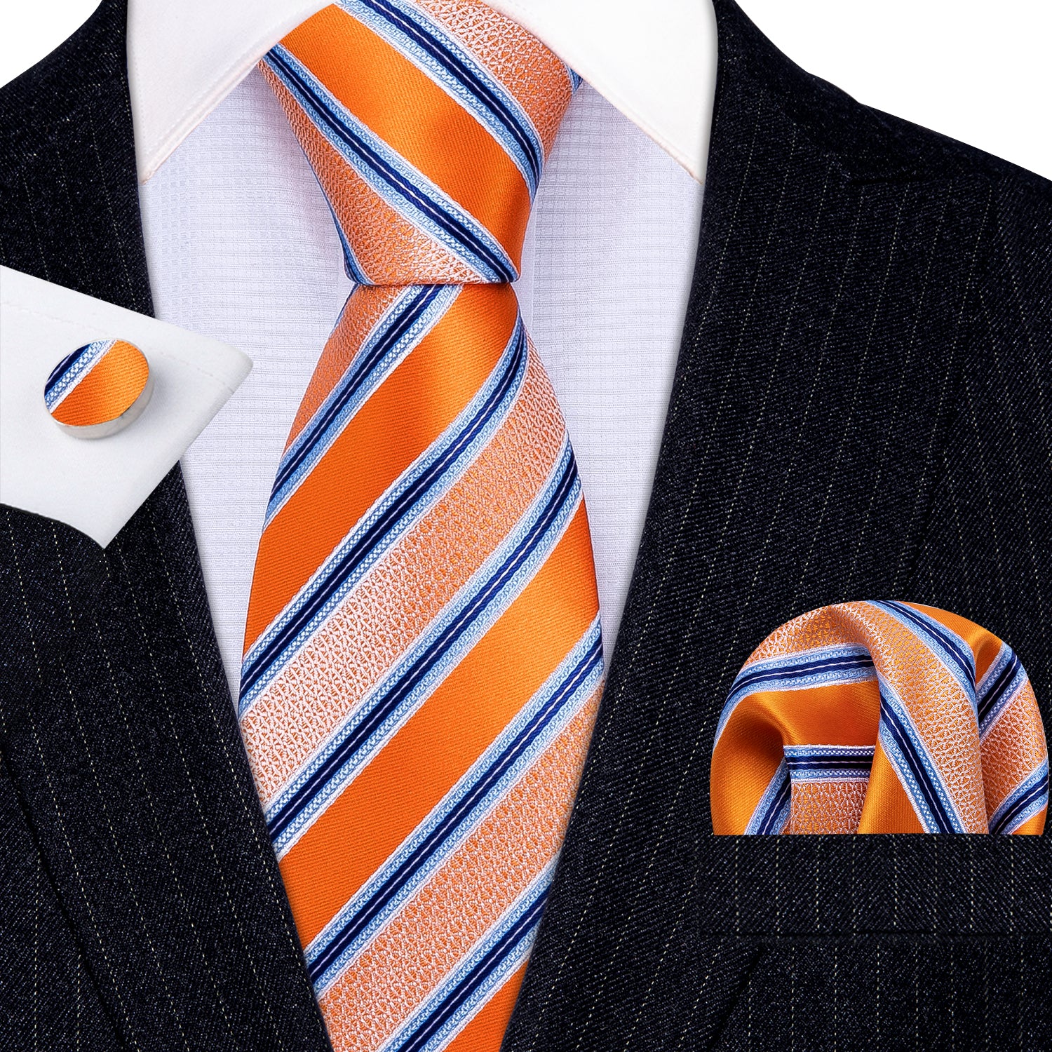 Orange Blue Striped Silk Tie 