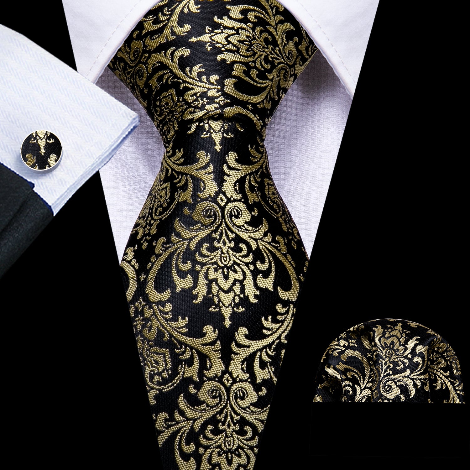 Barry. Wang Black Tie PaleGodenrod Yellow Floral Silk Tie Hanky Cufflinks Set