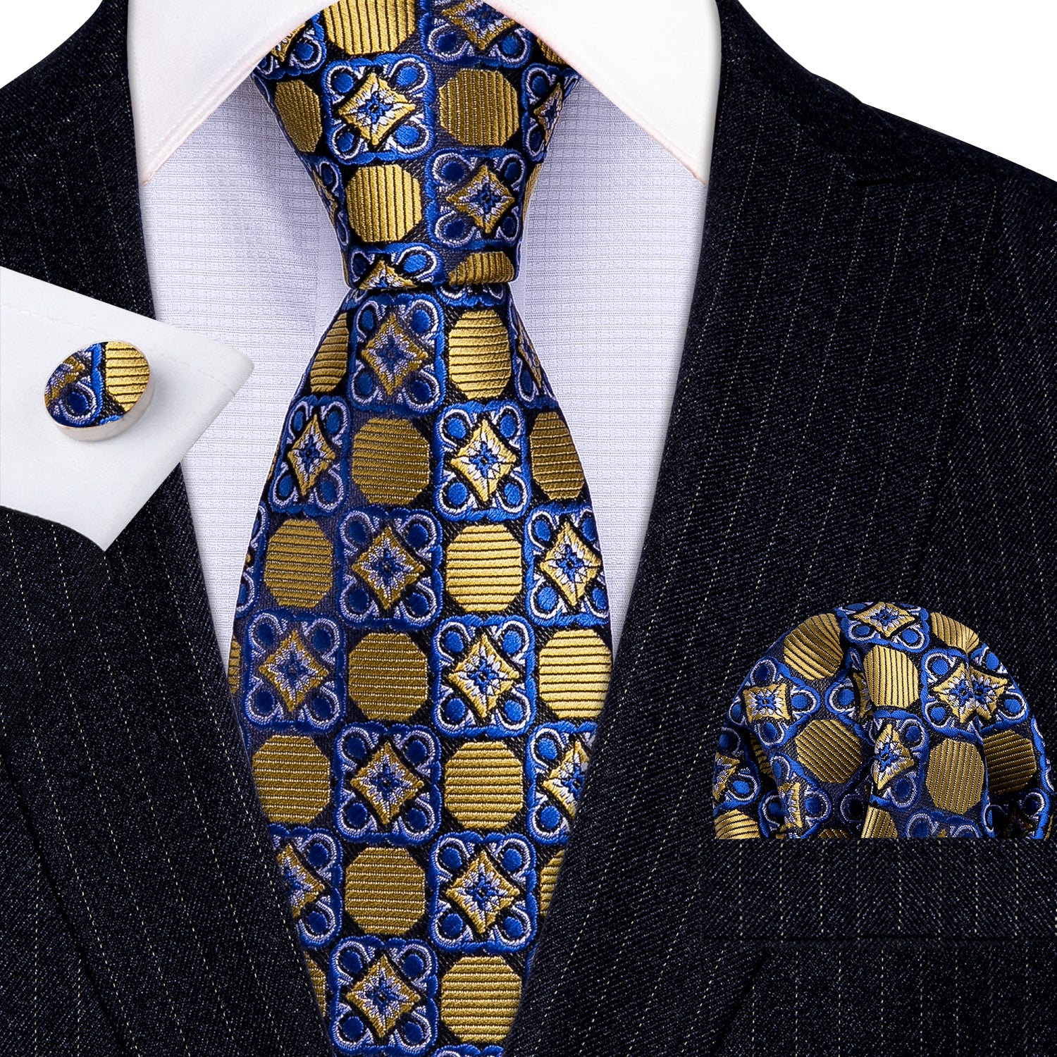 Brown Blue Floral Geometric Silk Tie Hanky Cufflinks Set