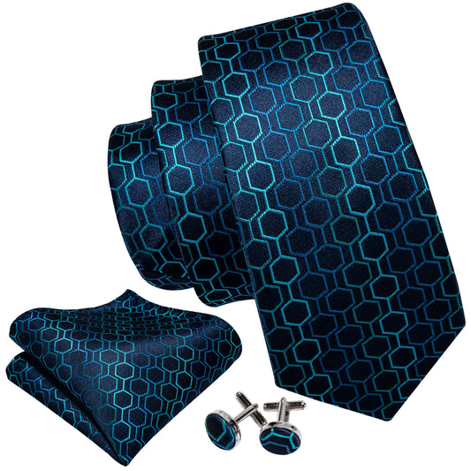 Deep Blue Geometric Plaid Tie Pocket Square Cufflinks Set