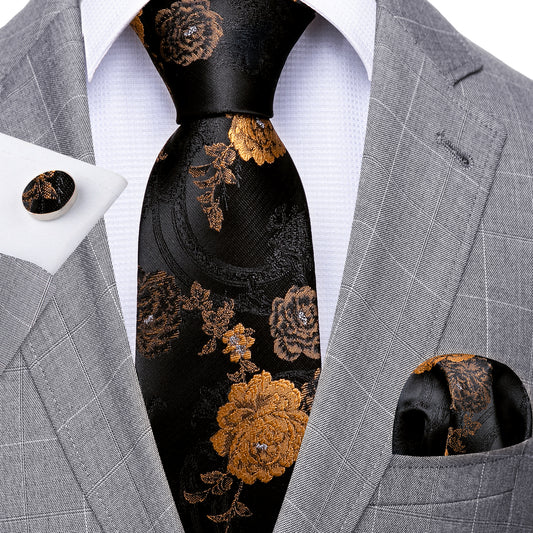 Black Brown Jacquard Floral Silk Tie Hanky Cufflinks Set