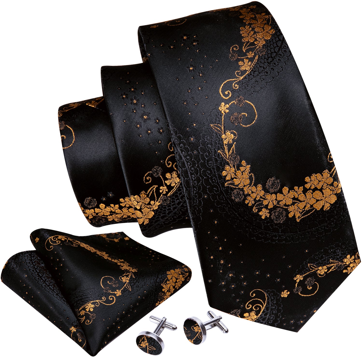 Novelty Black Brown Floral Silk Tie Hanky Cufflinks Set