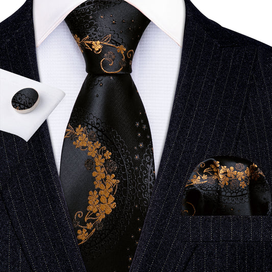 Barry. Wang Novelty Black Brown Floral Silk Tie Hanky Cufflinks Set