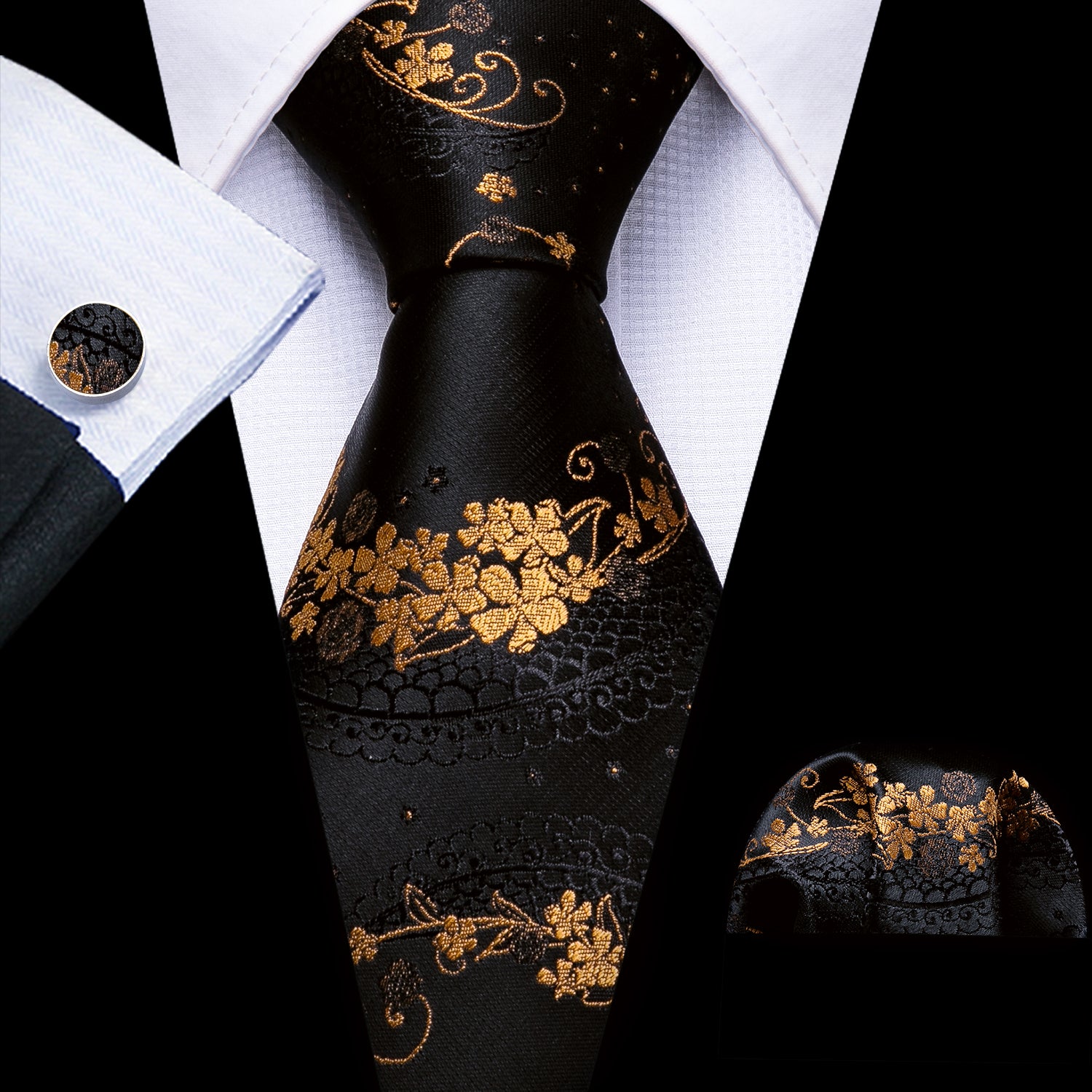 Novelty Black Brown Floral Silk Tie Hanky Cufflinks Set