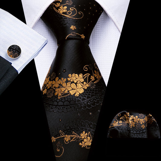 Barry. Wang Novelty Black Brown Floral Silk Tie Hanky Cufflinks Set