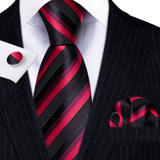 Barry. Wang Black Red Striped Silk Tie Hanky Cufflinks Set