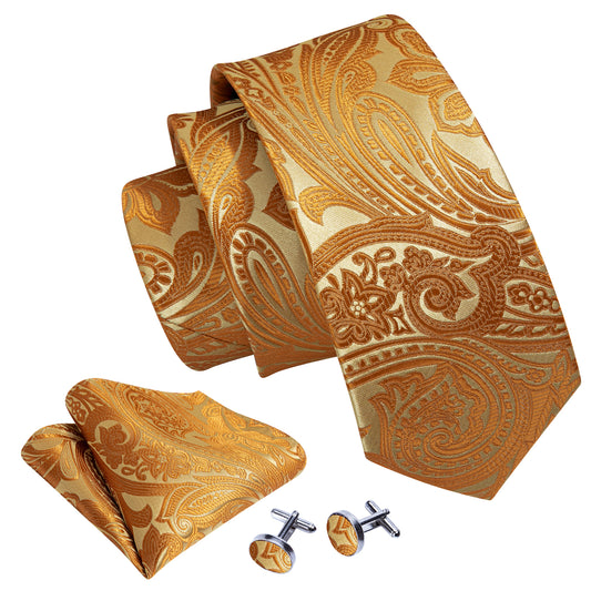 Yellow Paisley Mens Silk Wedding Tie Hanky Cufflinks Set