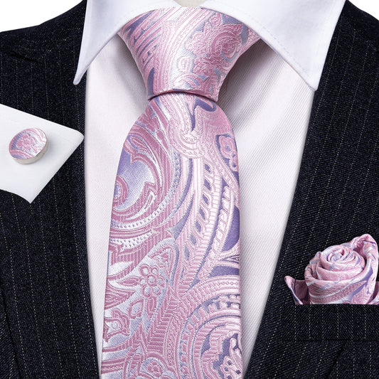 Light Pink Ties Silver Paisley Silk Tie Hanky Cufflinks Set