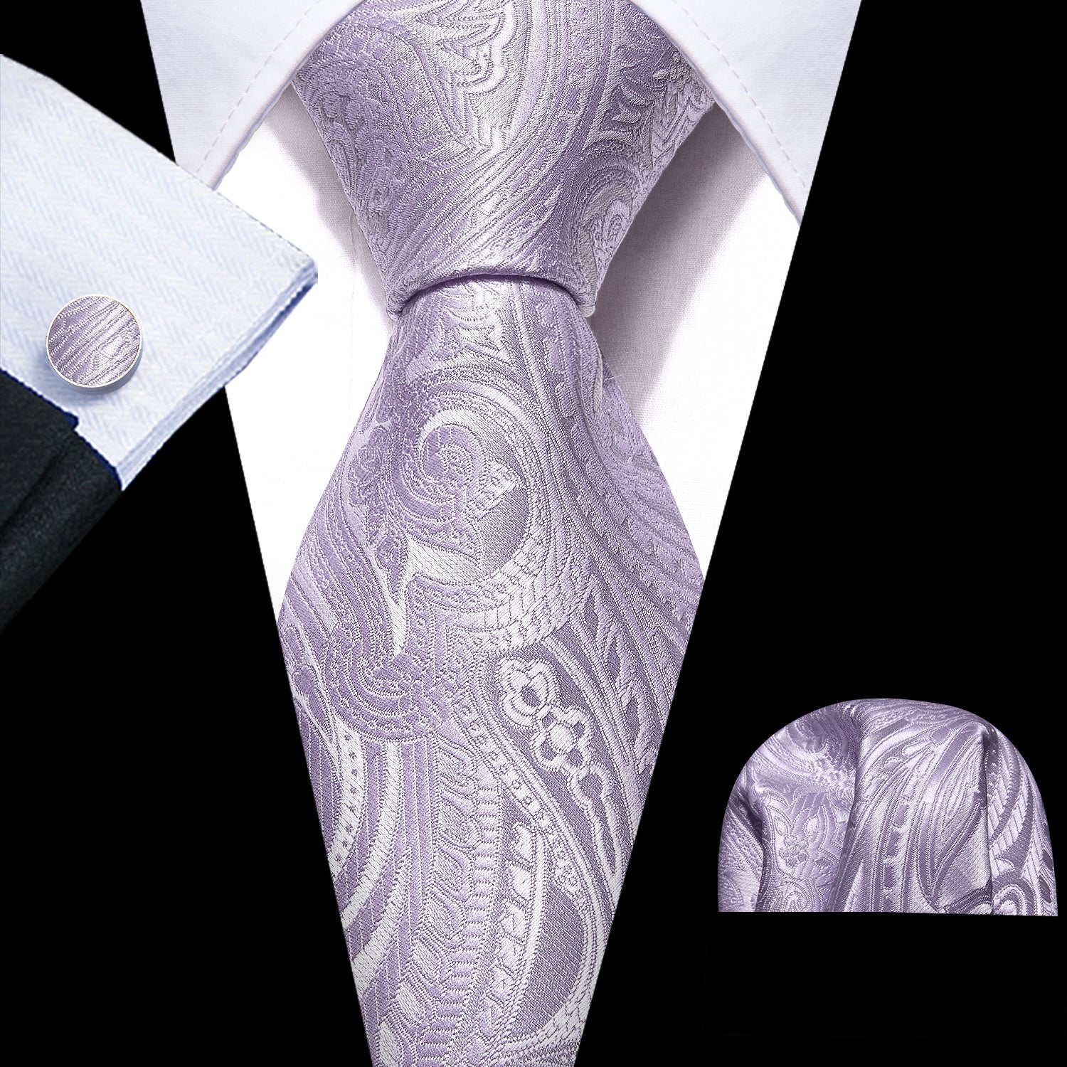 Barry. Wang Light Purple Paisley Silk Tie Hanky Cufflinks Set