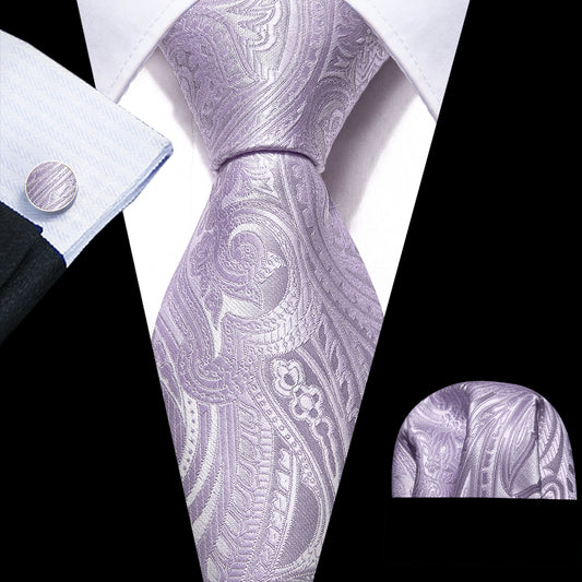 Barry. Wang Light Purple Paisley Silk Tie Hanky Cufflinks Set