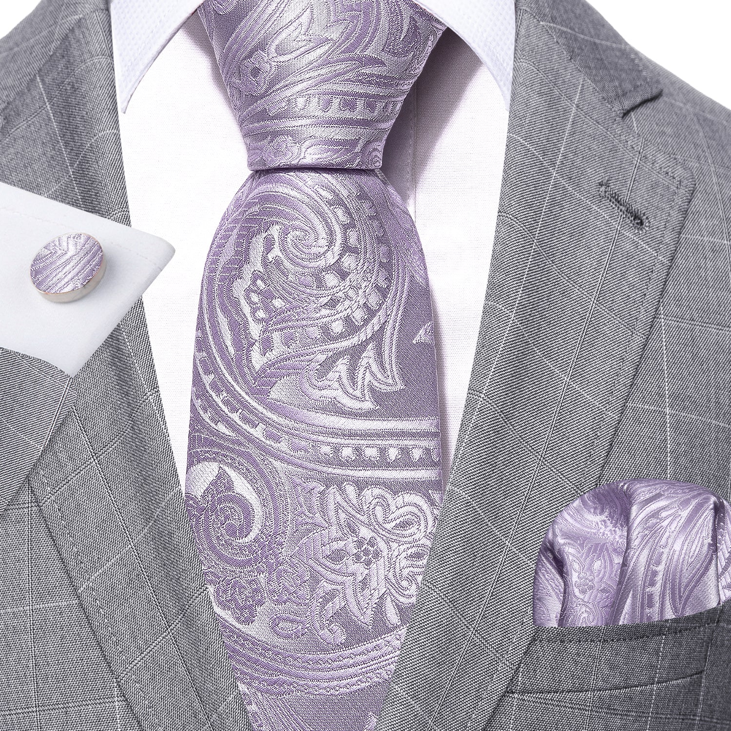 Barry. Wang Light Purple Paisley Silk Tie Hanky Cufflinks Set