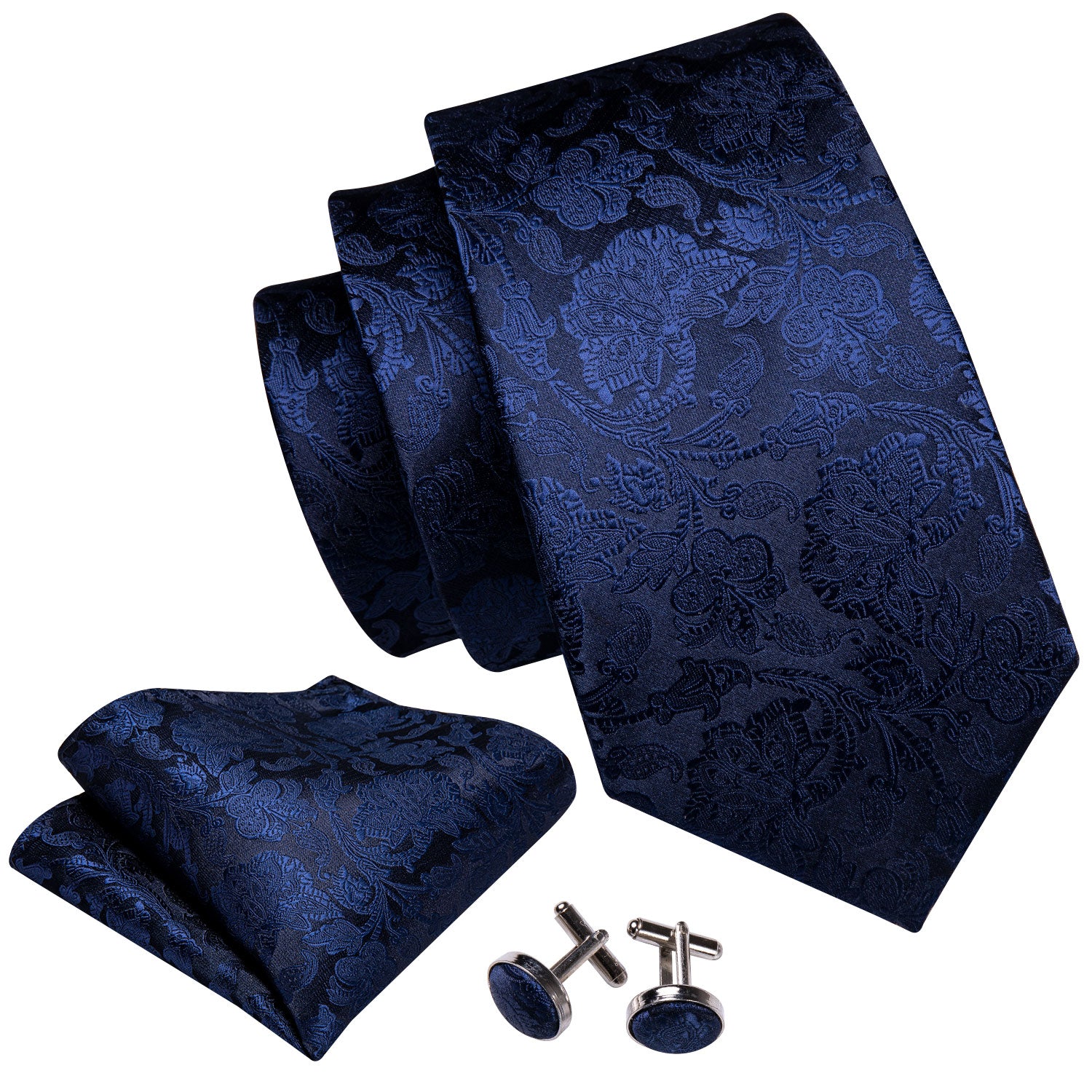 Barry.Wang Extra Long Tie Royal Blue Floral Silk 63 Inches Tie Hanky Cufflinks Set for Men