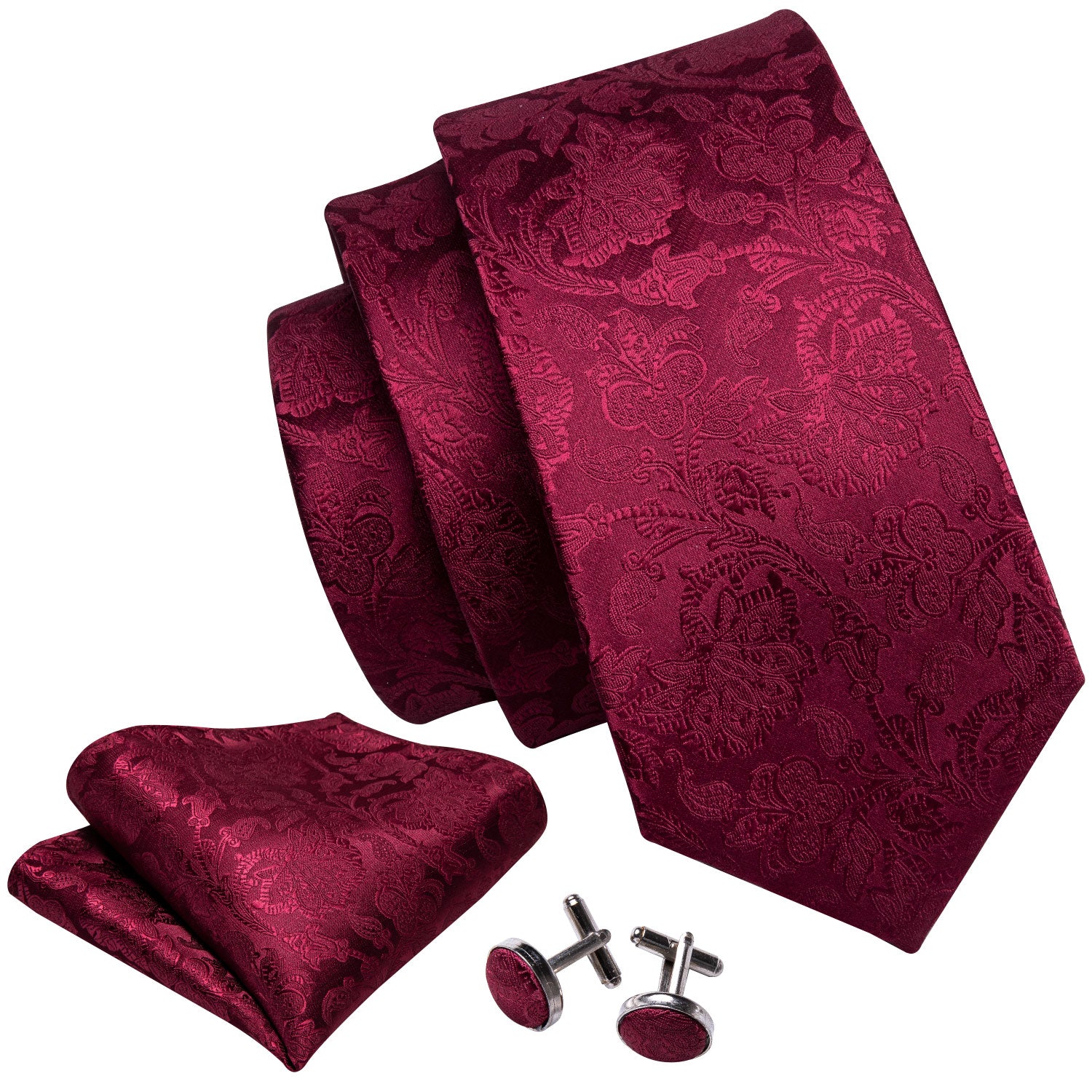 Burgundy Floral Silk 63 Inches Tie Hanky Cufflinks Set