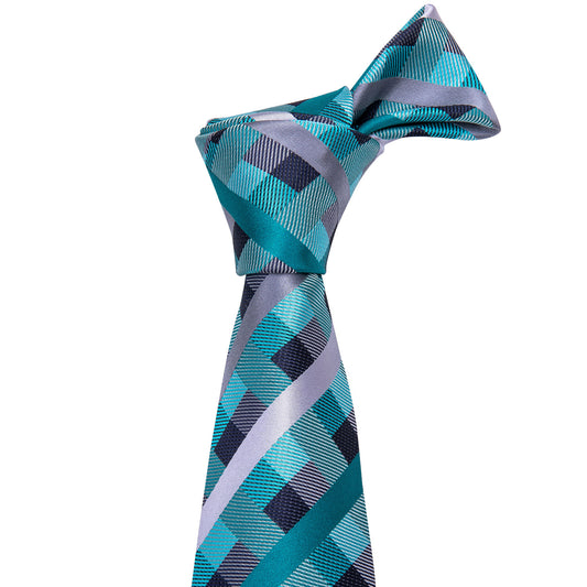 Teal Blue Checkered Men Necktie Pocket Square Cufflinks Set