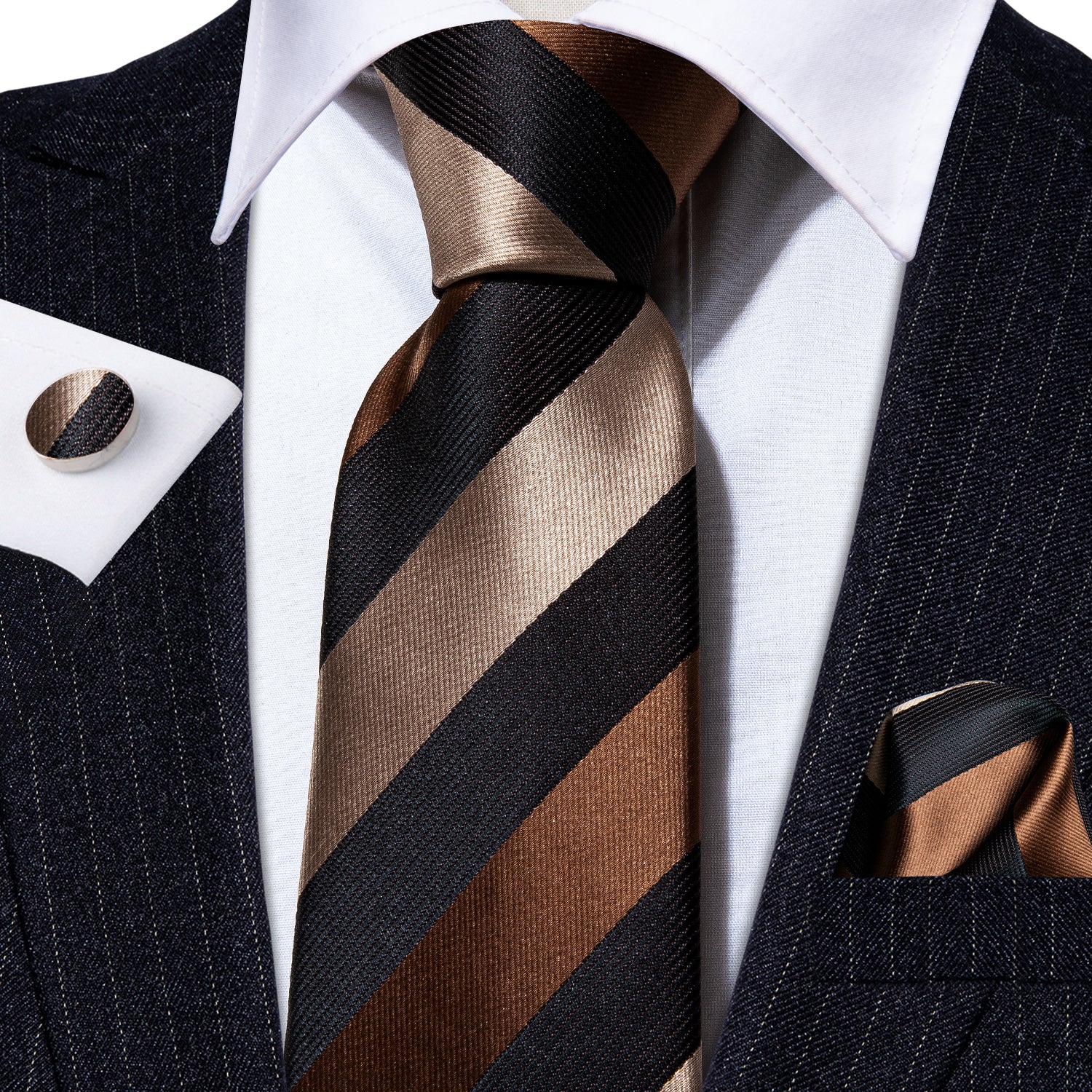 Silver Brown Black Striped Silk Men's Tie Pocket Square Cufflinks Set