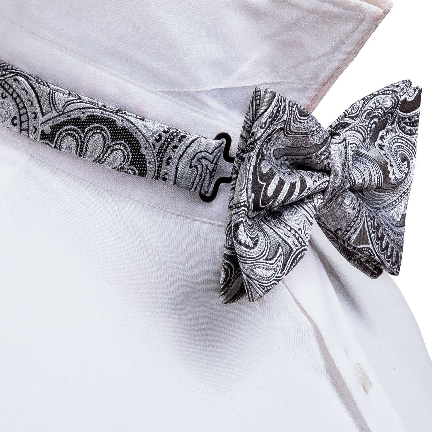 Barry. Wang Grey Bowtie for Men Paisley Jacquard Silk Pre-tied Bow Tie for Wedding Hanky Cufflinks Set