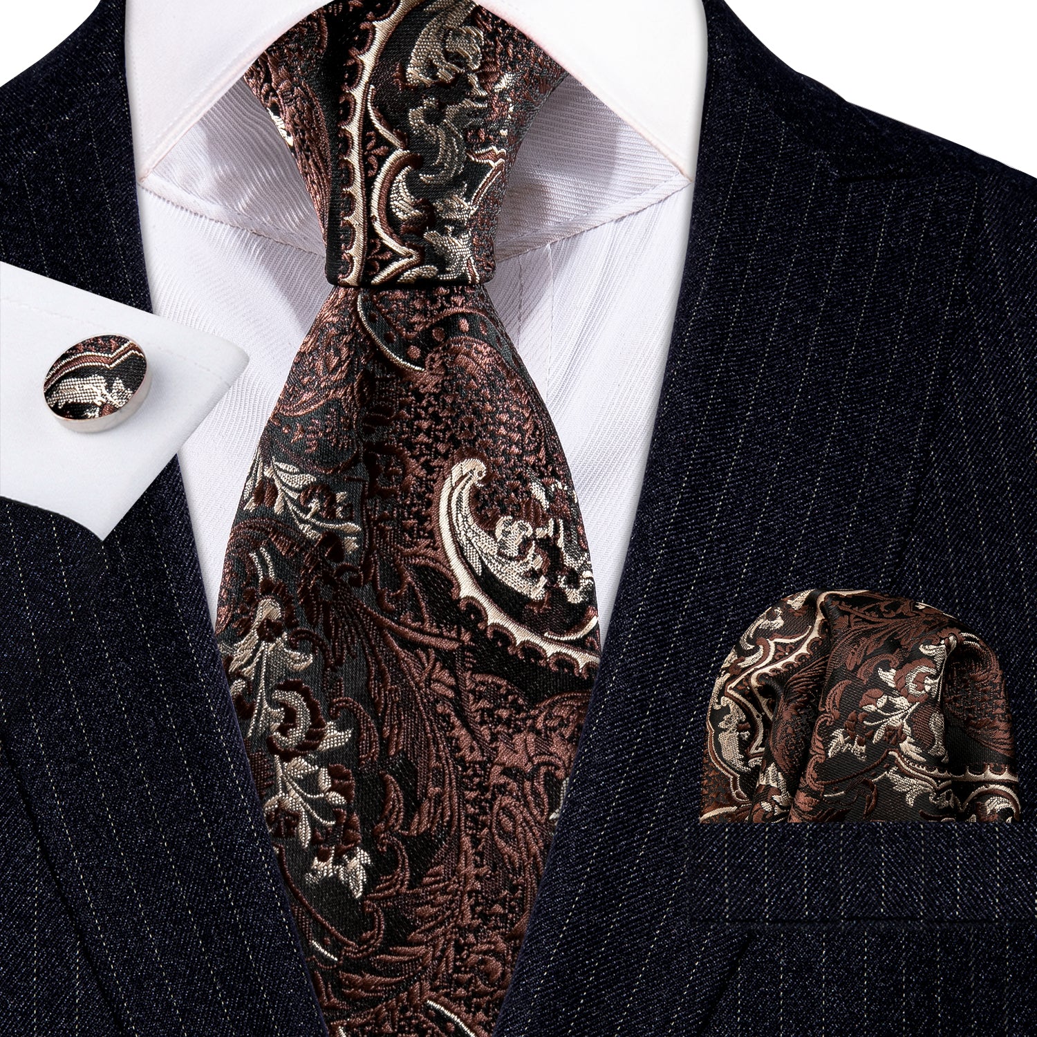 Barry. Wang Brown Paisley Silk Tie Handkerchief Cufflinks Set