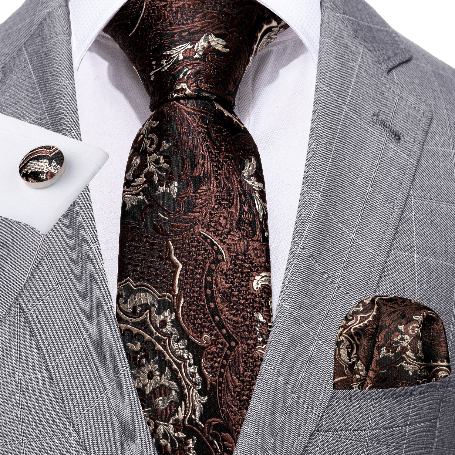 Barry. Wang Brown Paisley Silk Tie Handkerchief Cufflinks Set