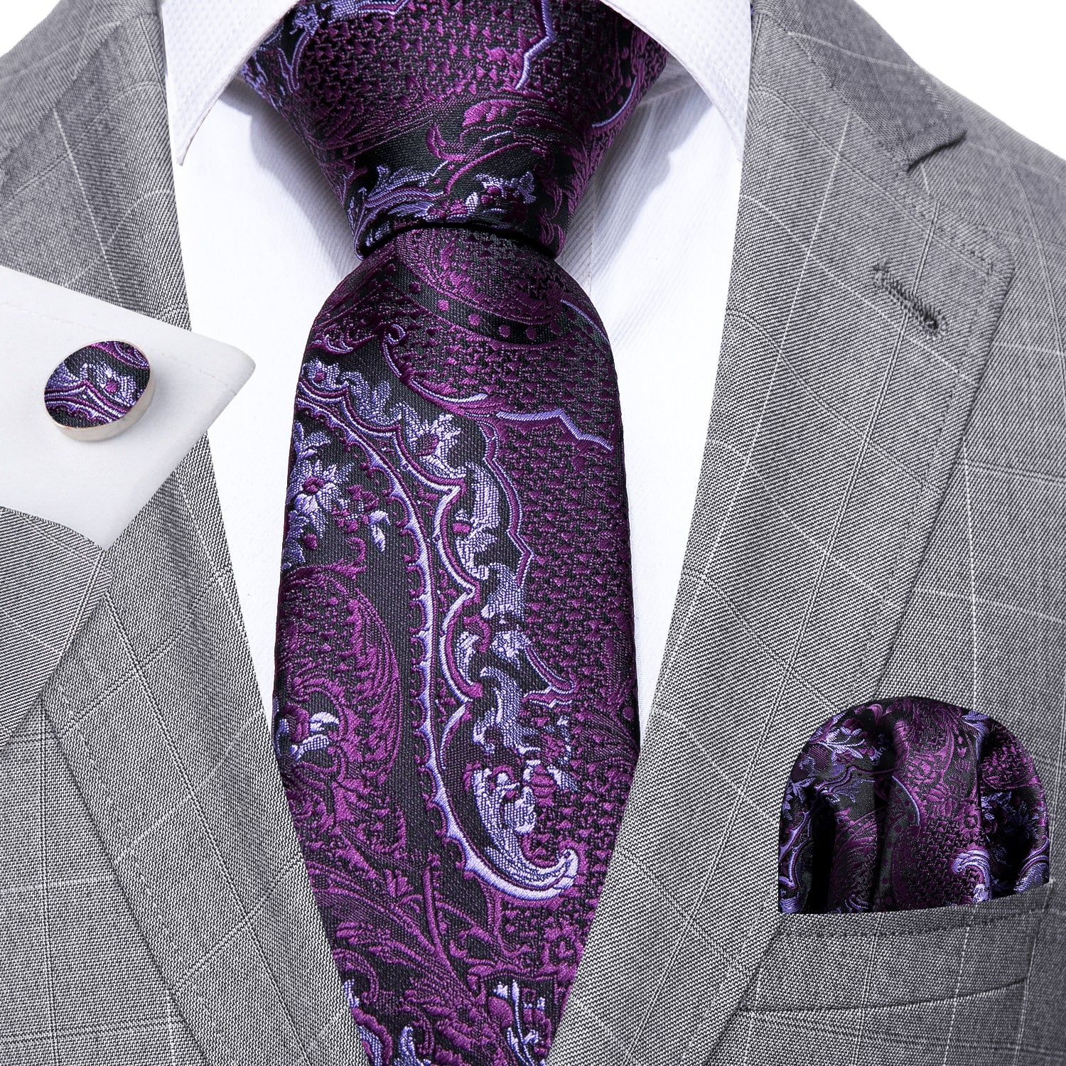 pliad frey suit and purple paisley necktie 