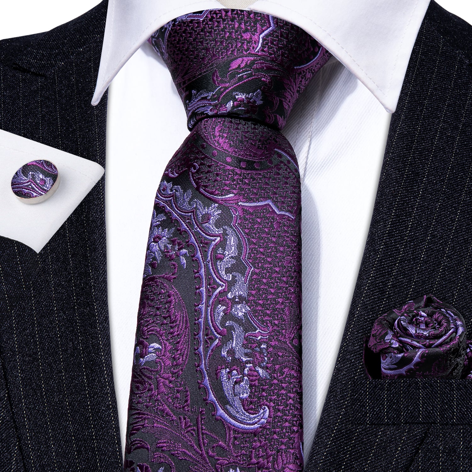 black suit white shirt purple tie