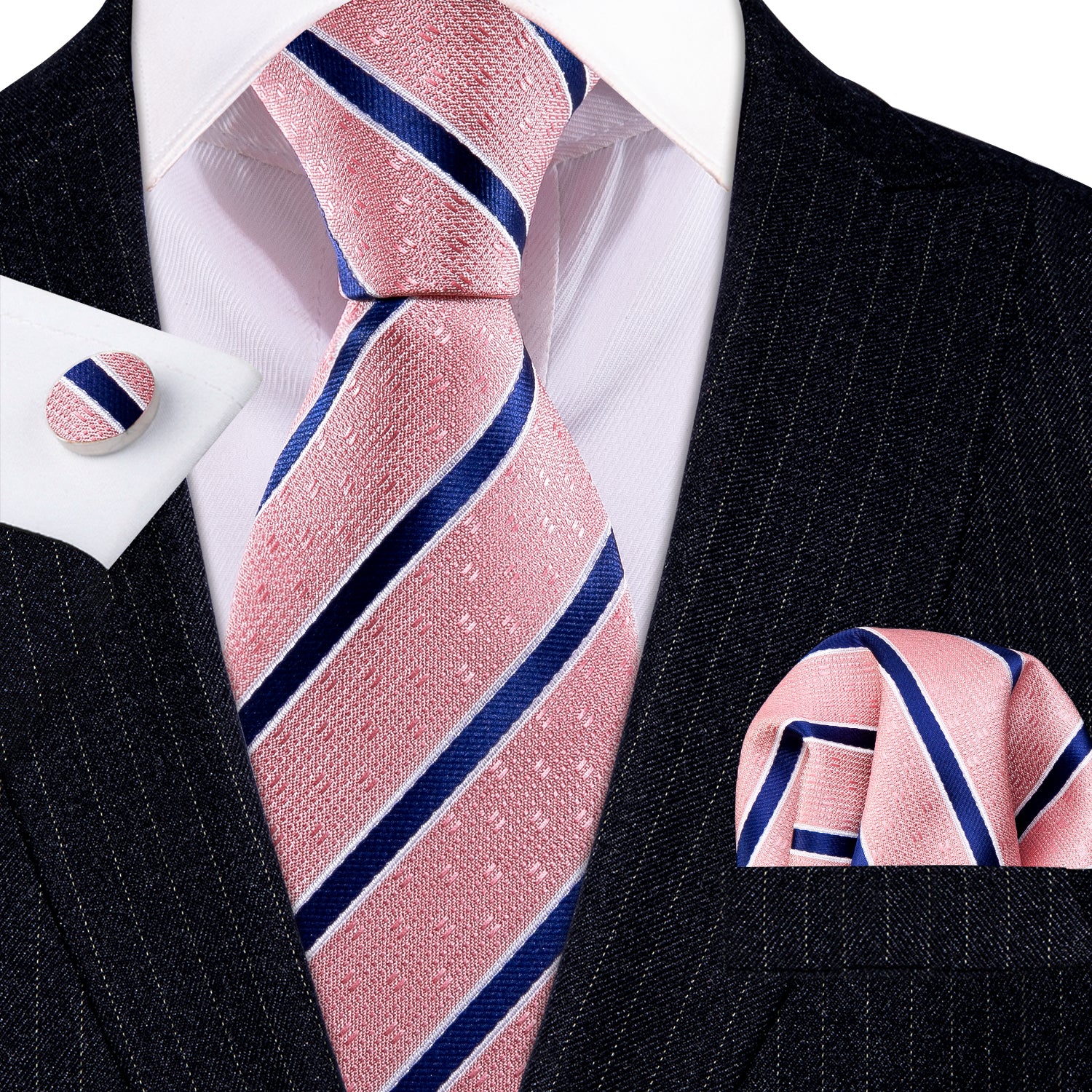 Barry. Wang Coral Pink Necktie Blue Stripes Men's Silk Wedding Tie Set Barry. Wang Coral Pink Necktie Blue Stripes Men's Silk Wedding Tie Set