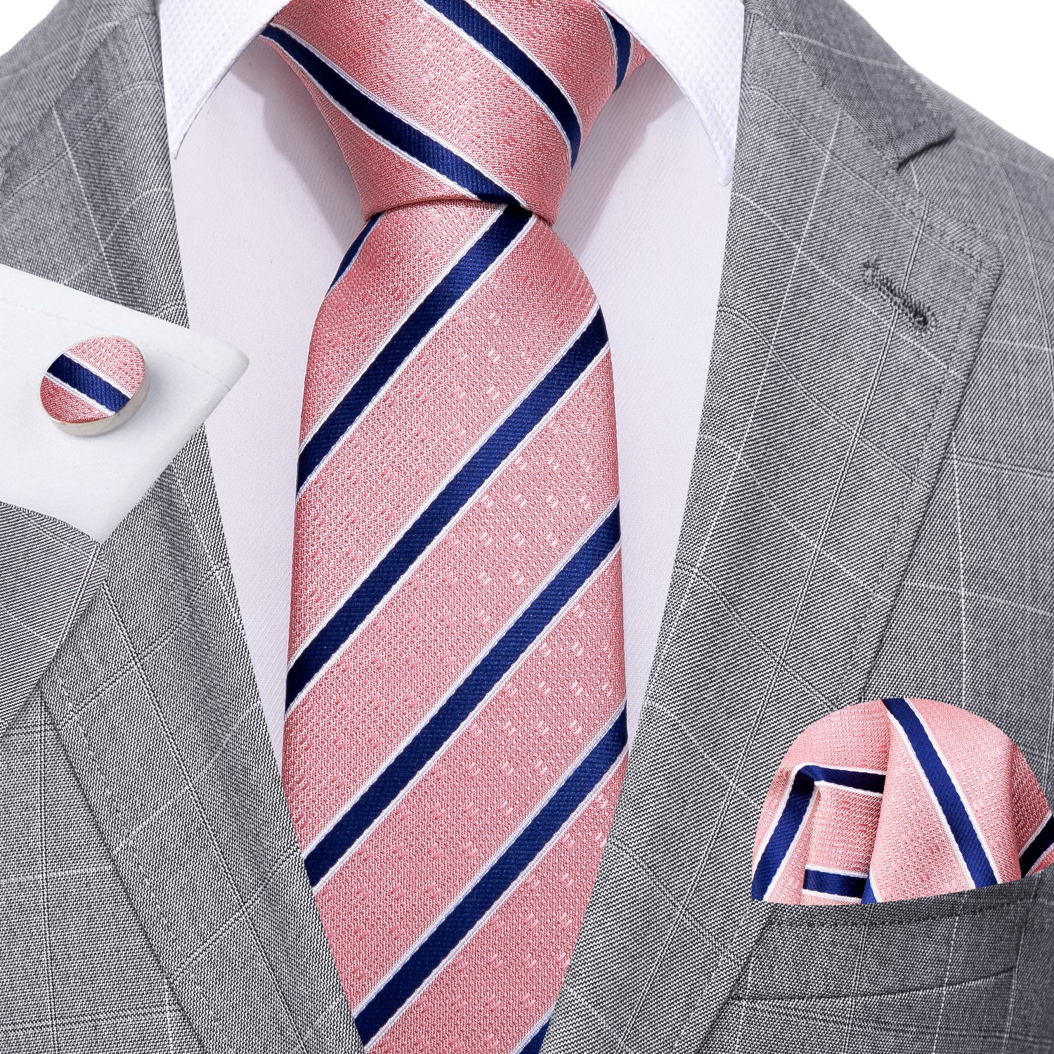 Grey suit Pink Necktie Navy Blue  struipes 