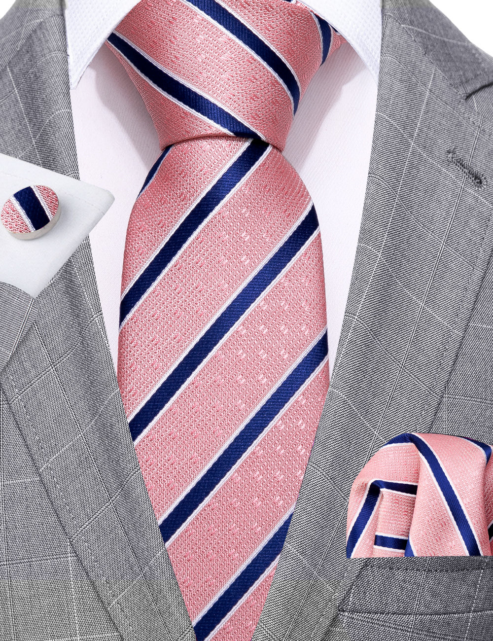  Coral Pink Necktie Blue Stripes Men's Silk Wedding Tie Set