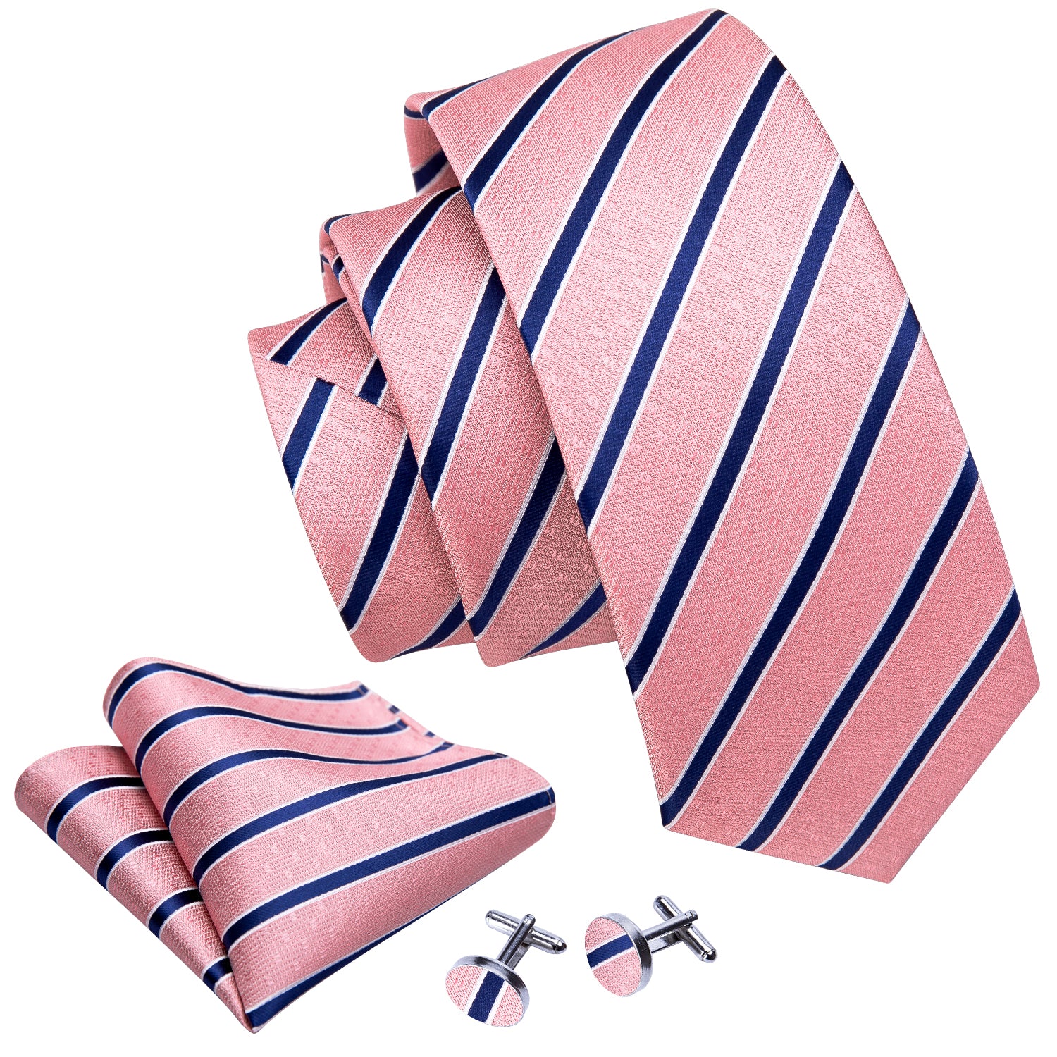  Coral Pink Necktie Blue Stripes Men's Silk Wedding Tie Set