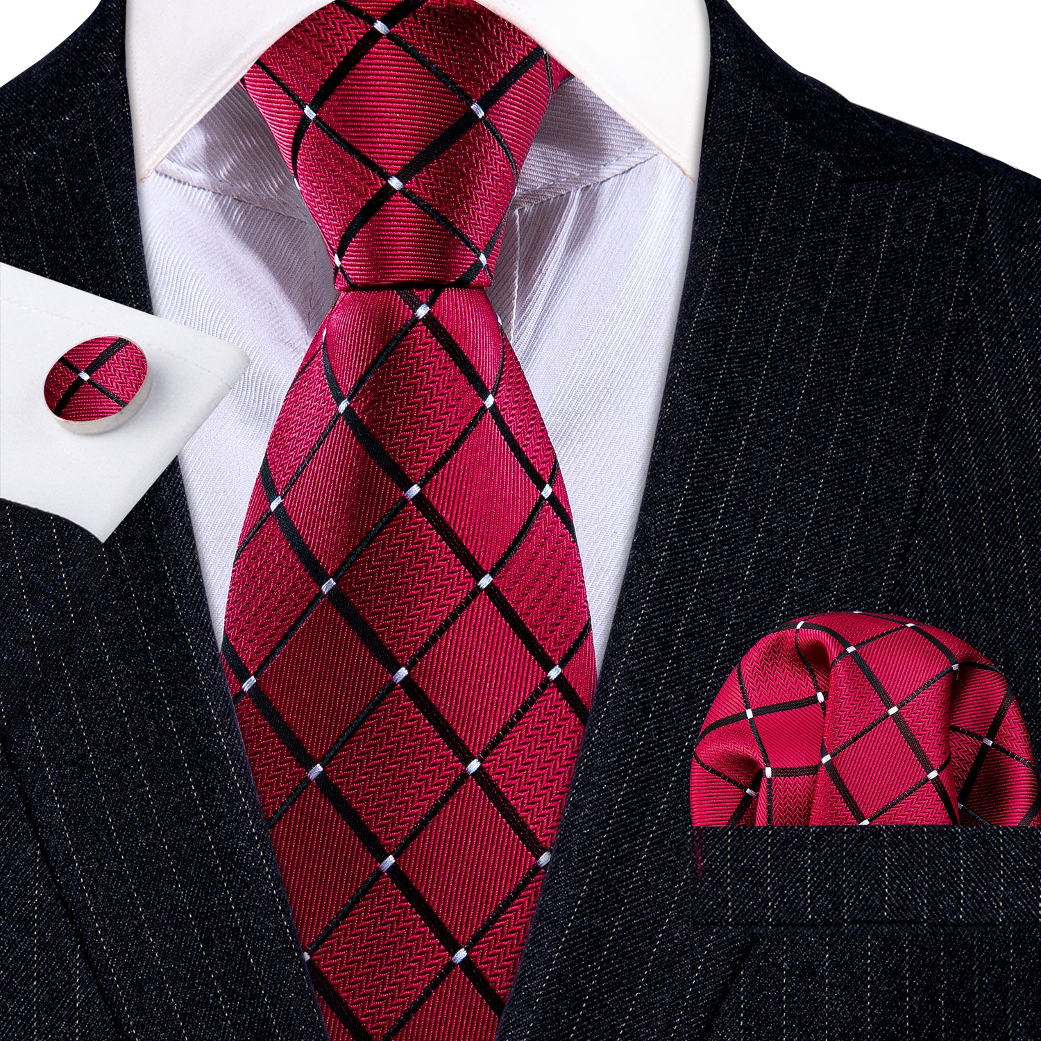 Red Black Plaid Silk Tie Handkerchief Cufflinks Set